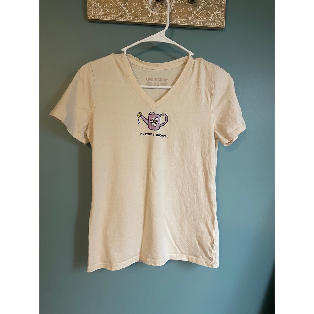 Life is Good Nurture Nature Watering Can Flower V Neck T-Shirt Tee